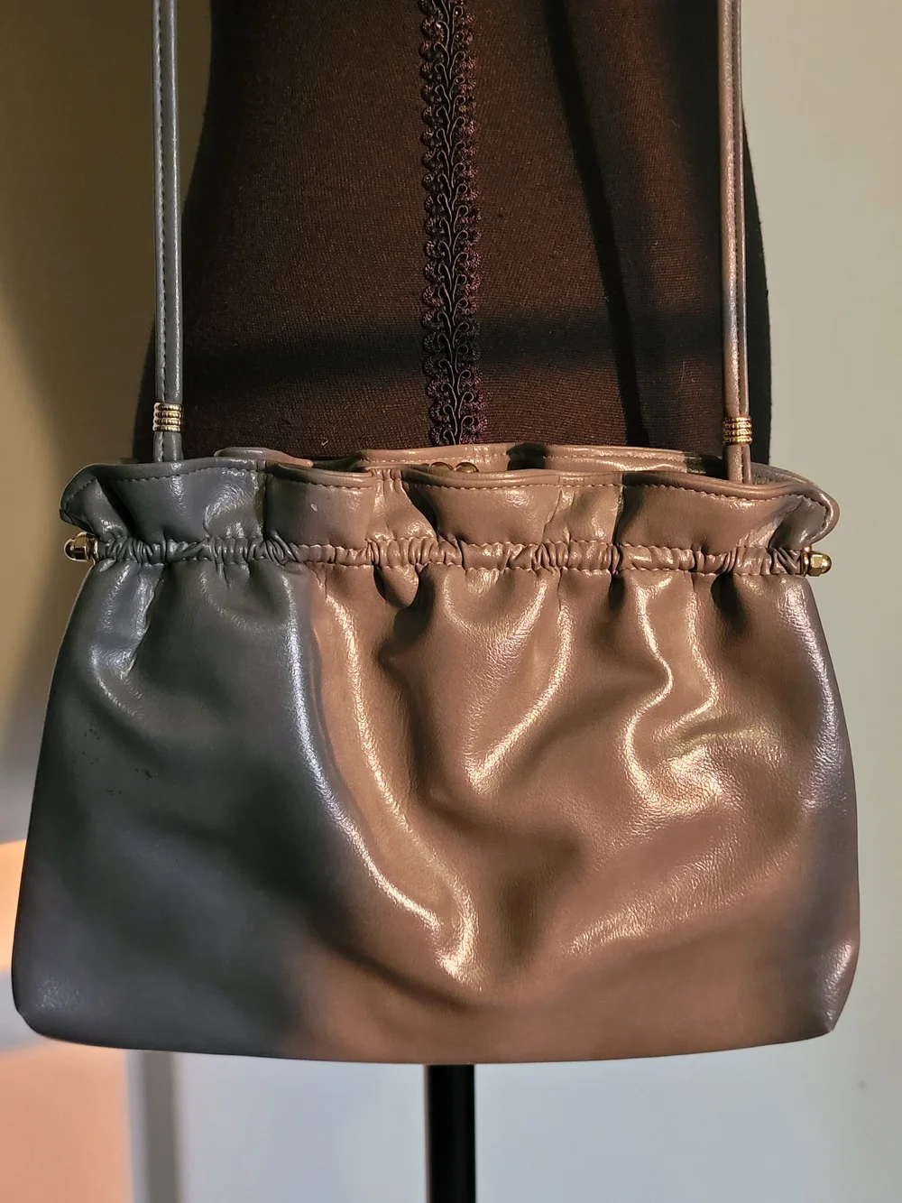 Classic Gathered Vegan Leather Shoulder Bag in Gray
